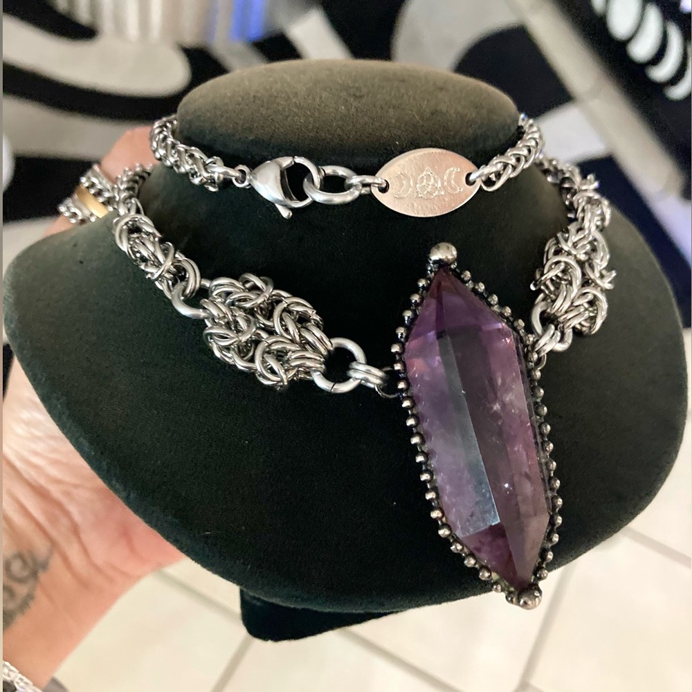 Handmade stainless steel maille necklace genuine big amethyst purple crystal - Picture 2 of 12